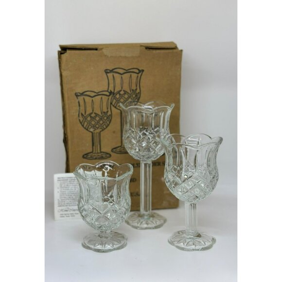 VTG Home Interior & Gifts Crystal Tulip Goblet Candle Holders Set 3 Press Glass - Picture 1 of 6